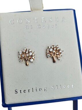 New In Box Contessa Di Capri Tree Of Life Sterling Silver Crystal Stud Earrings